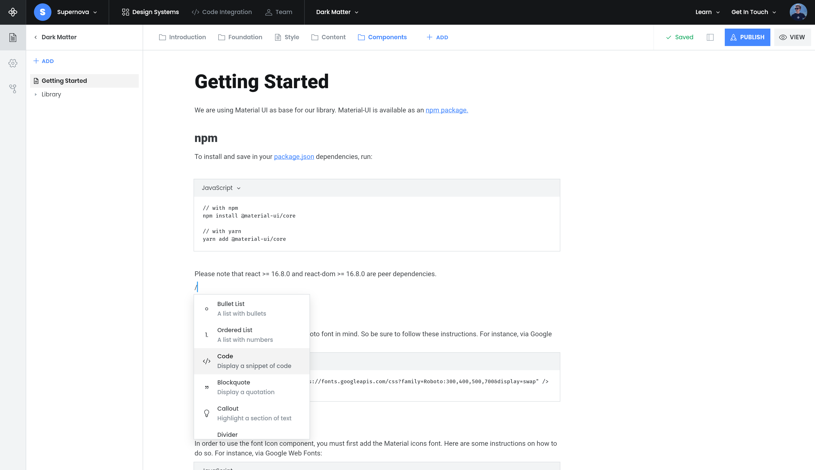 Supernova’s documentation editor